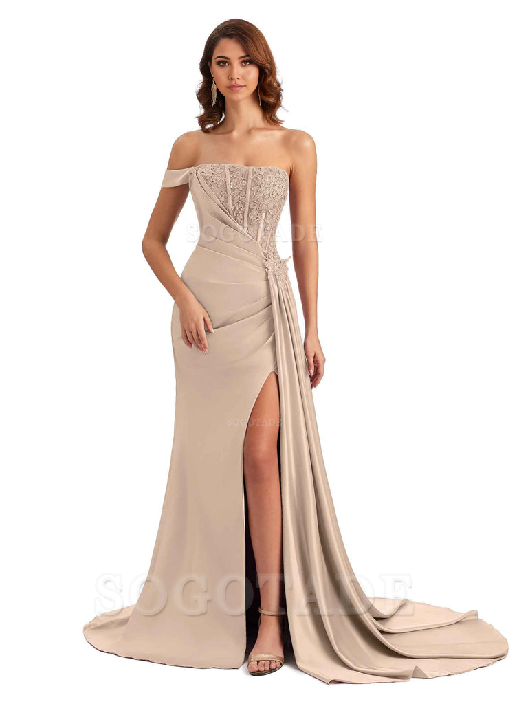 Mermaid Off Shoulder Applique formal dresses evening gown Bridesmaid Dresses With Side Slit 
