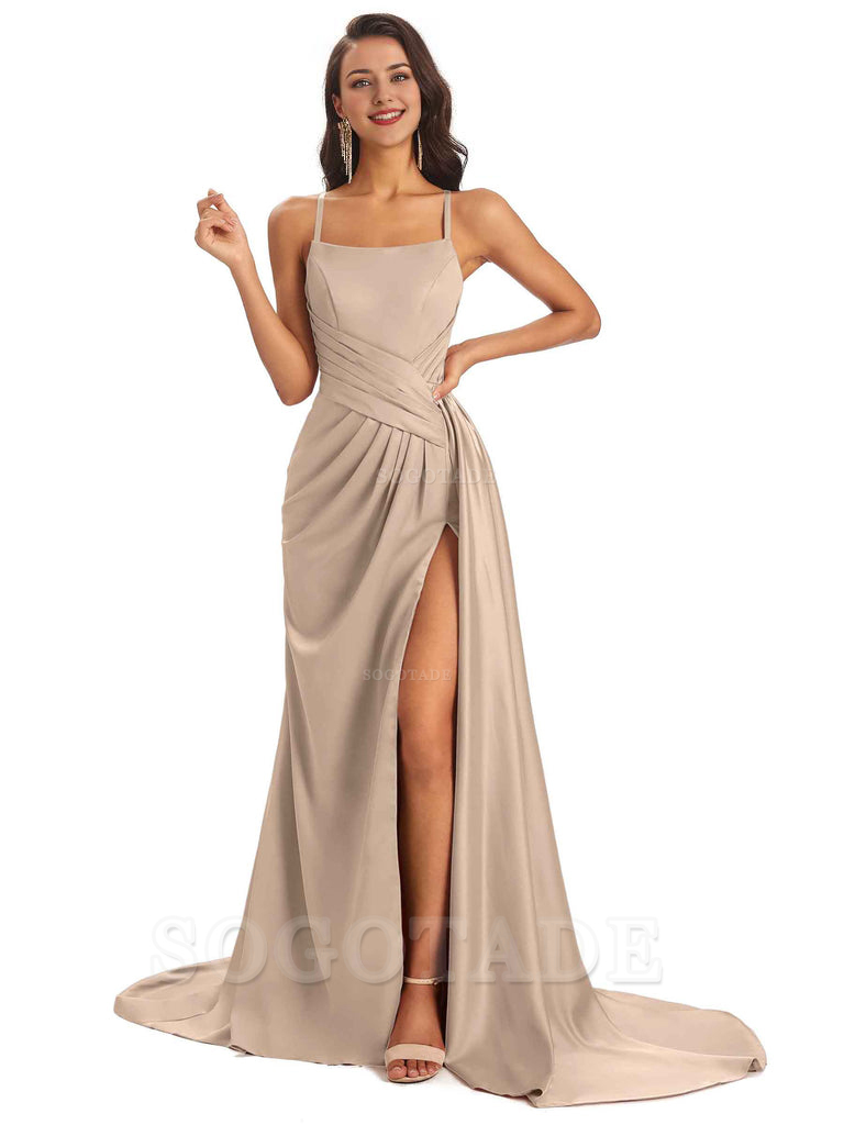 Sexy Soft Satin Side Slit Spaghetti Straps Long Maxi Bridesmaid Dresses prom shop dresses