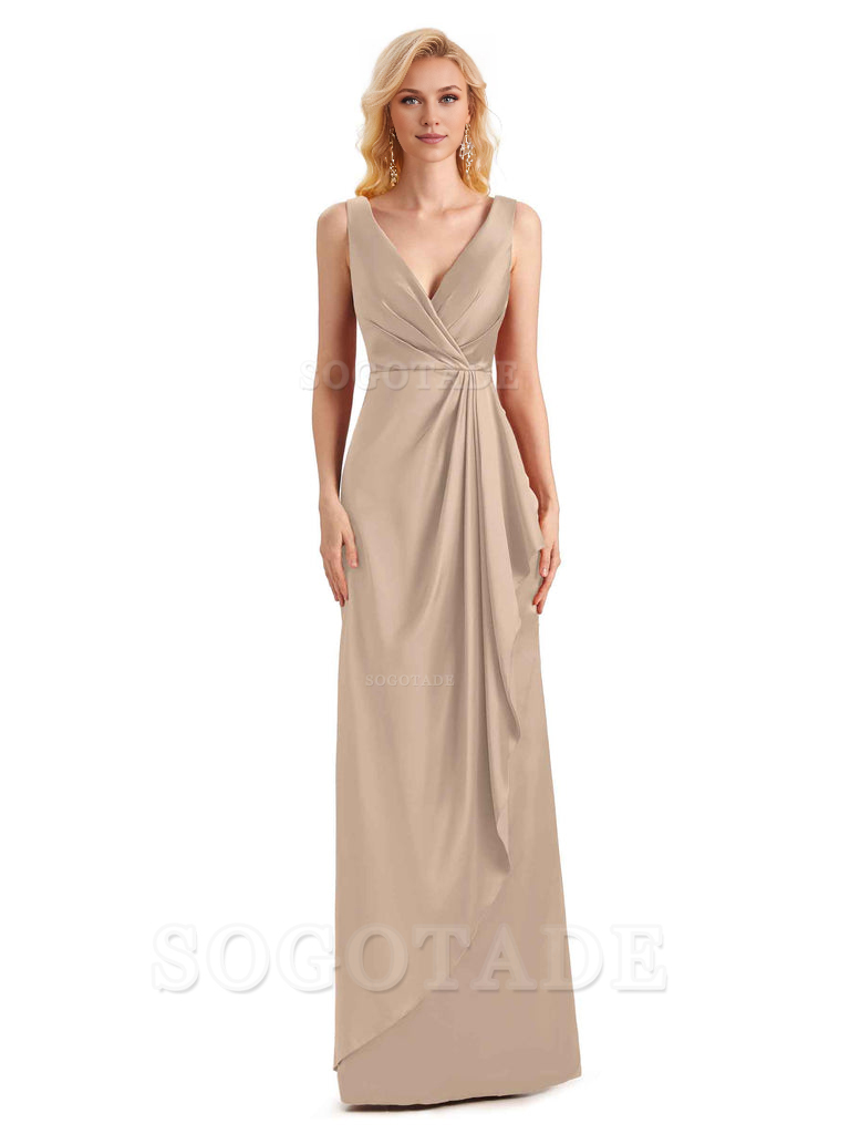 V Neck Elegant Soft Satin Formal Long Maid Bridesmaid Dresses Formal Wear Dresses