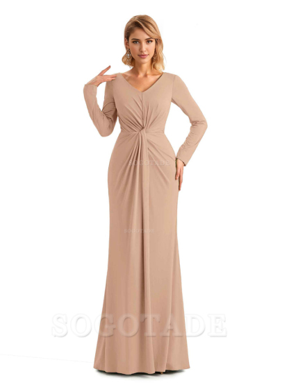 Elegant Simple Mermaid Pleats V-neck Long-Sleeves Floor Length Long Formal Bridesmaid Dresses