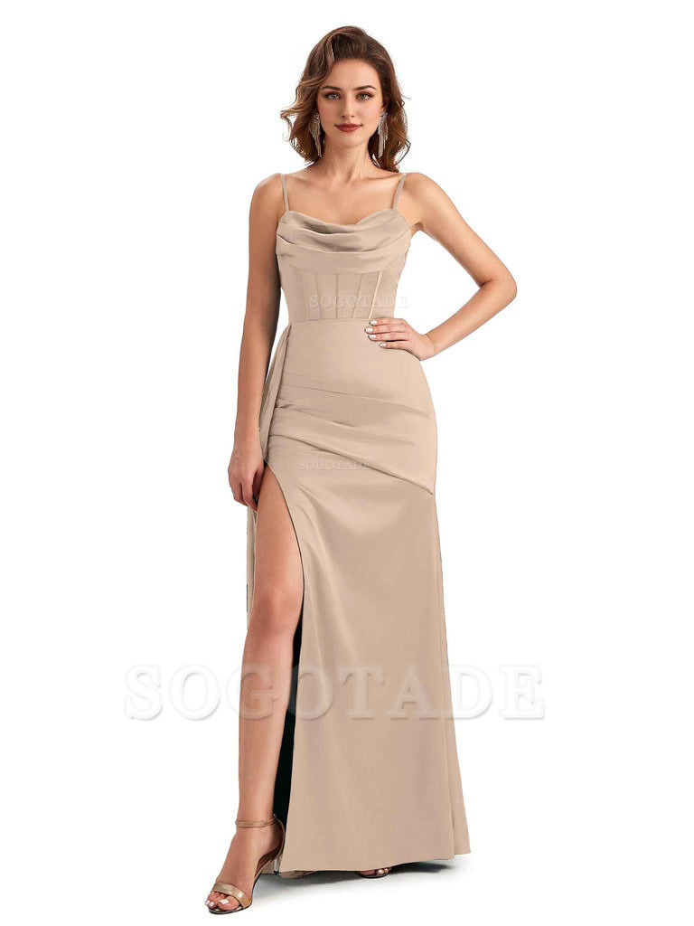 Sexy Side Slit Mermaid Silky Satin Spaghetti Straps Unique Wedding Guest Dresses