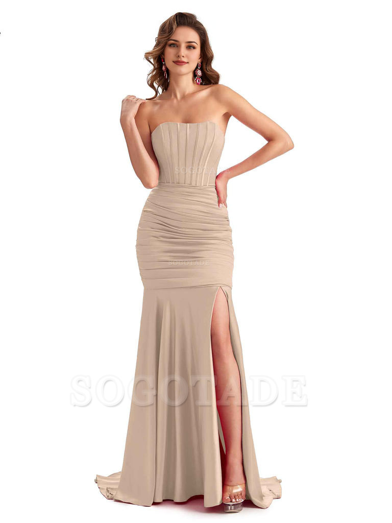 Sexy Strapless Side Slit Mermaid Silky Satin Formal Bridesmaid Dresses