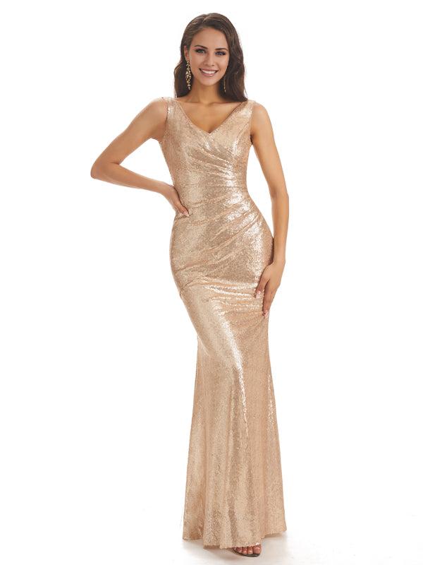 Sexy Sequin V-Neck Sparkly Long Mermaid Bridesmaid Dresses Charming Evening Party Dress