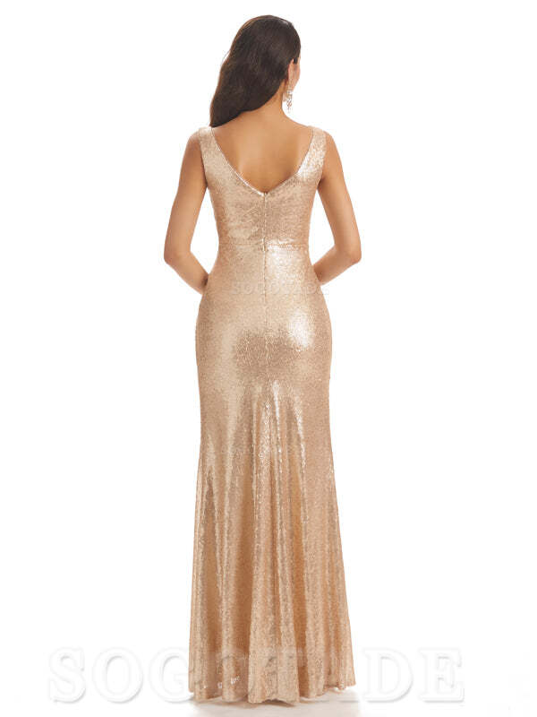 Sexy Sequin V-Neck Sparkly Long Mermaid Bridesmaid Dresses Charming Evening Party Dress