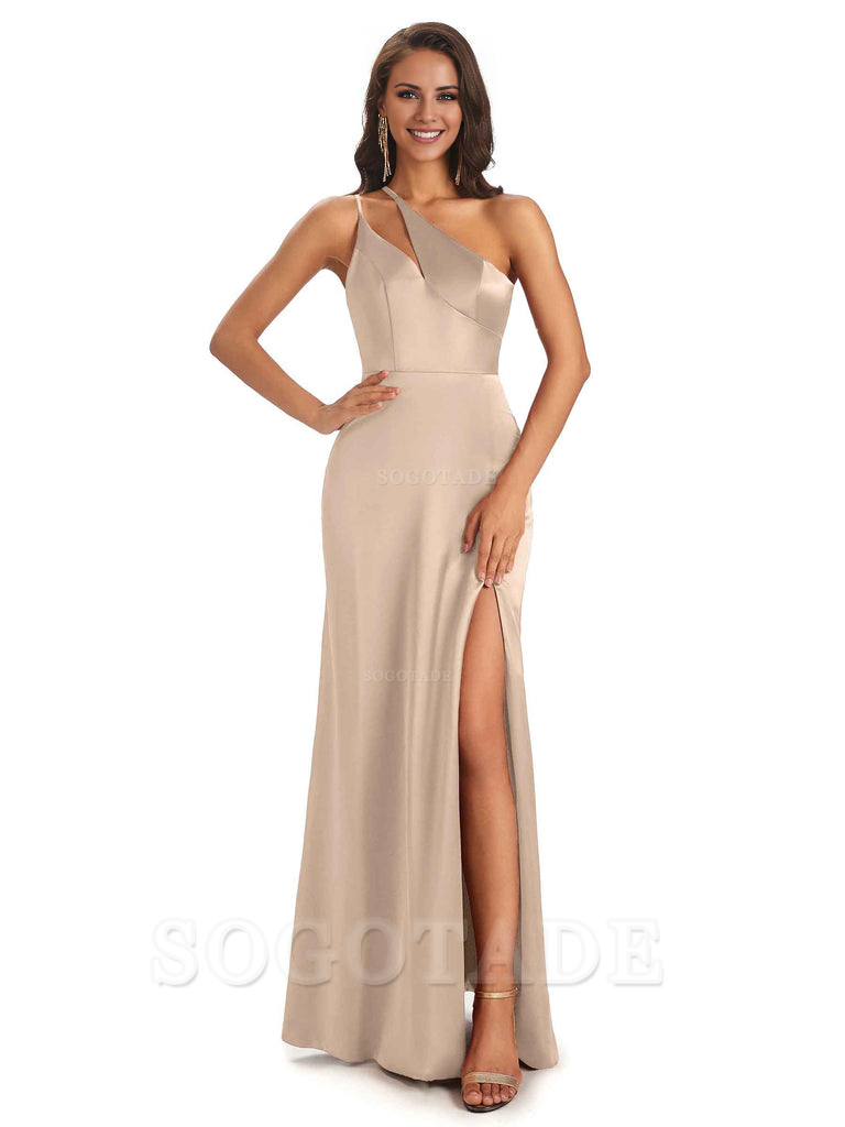 Sexy Soft Satin Side Slit One Shoulder Floor-Length Mermaid Long Bridesmaid Dresses Elegant Evening Party Dress