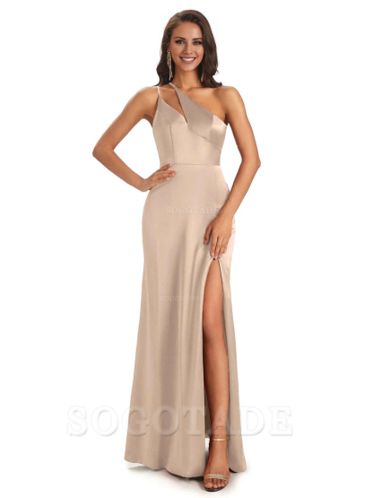 Sexy Soft Satin Side Slit One Shoulder Floor-Length Mermaid Long Bridesmaid Dresses Elegant Evening Party Dress