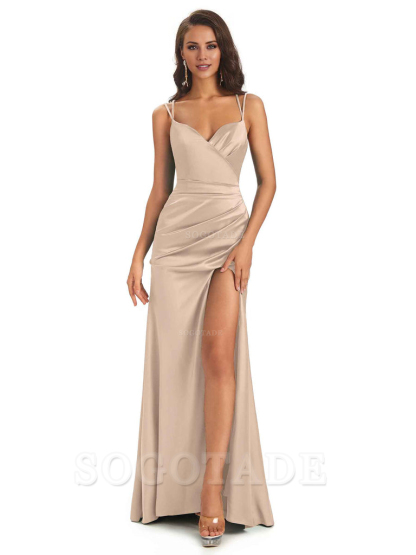 Sexy Soft Satin Side Slit Spaghetti Straps Long Maxi Mermaid Bridesmaid Dresses Elegant Evening Party Dress