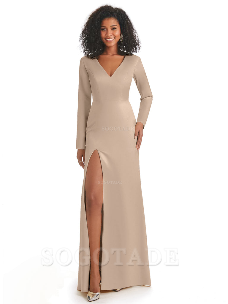 Soft Satin Side Slit Long Sleeves V-Neck Long African Mermaid Bridesmaid Dresses Elegant Evening Party Dress