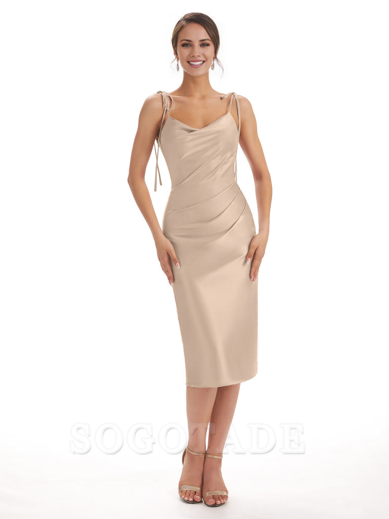 Tea Length Midi Short Bridesmaid Dresses Spaghetti Straps Satin Elegant Evening Party Dress