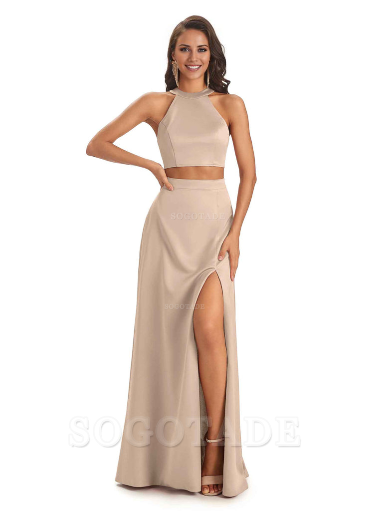 Soft Satin Two-Pieces Halter Side Slit Sexy Fashion Bridesmaid Dresses Charming Evening Party Dress
