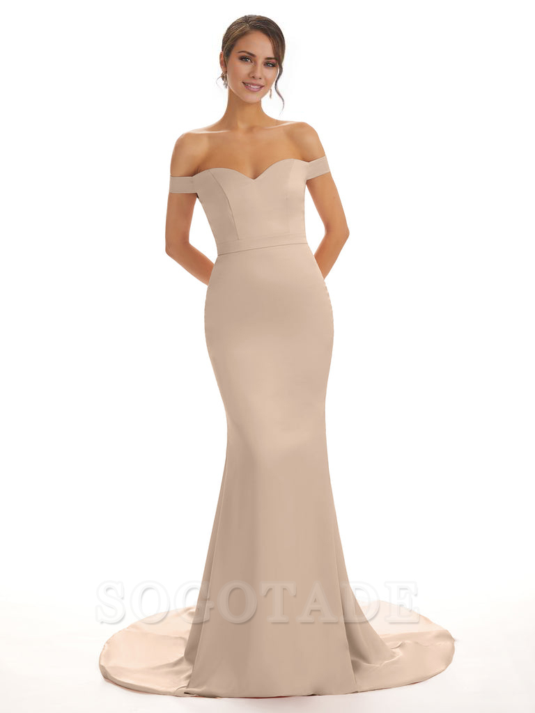 Elegant Off The Shoulder Satin Long Mermaid Bridesmaid Dresses