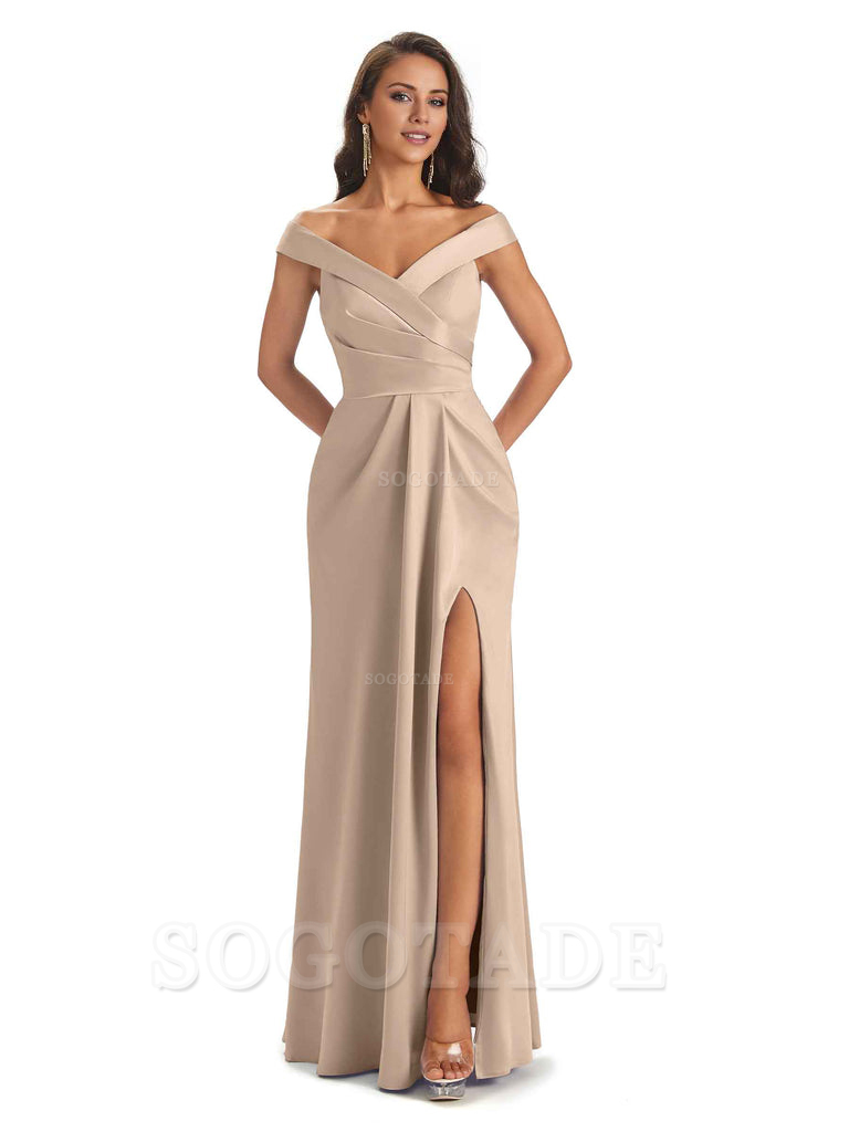 Sexy Soft Side Slit Off Shoulder V-Neck Long Satin Ladies Bridesmaid Dresses Elegant Evening Party Dress