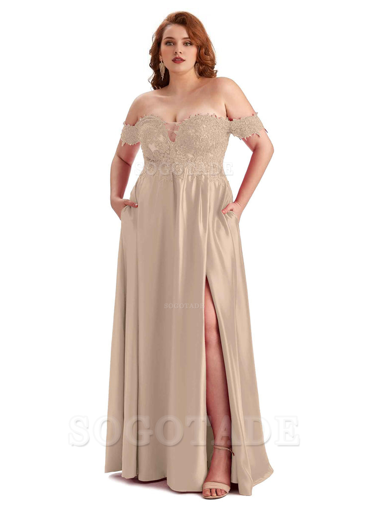 Off Shoulder Side Slit Lace Soft Satin Long Plus Size Bridesmaid Dresses For Wedding