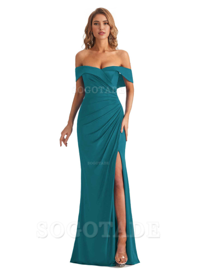 Sexy Mermaid Cultivate oneself Off The Shoulder Pleated Side Slit Long Bridesmaid Dresses Formal Women's Dresses Wedding Guests Dresses