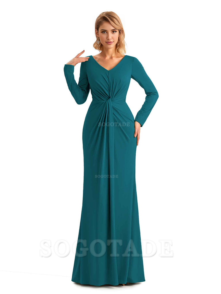 Elegant Simple Mermaid Pleats V-neck Long-Sleeves Floor Length Long Formal Bridesmaid Dresses