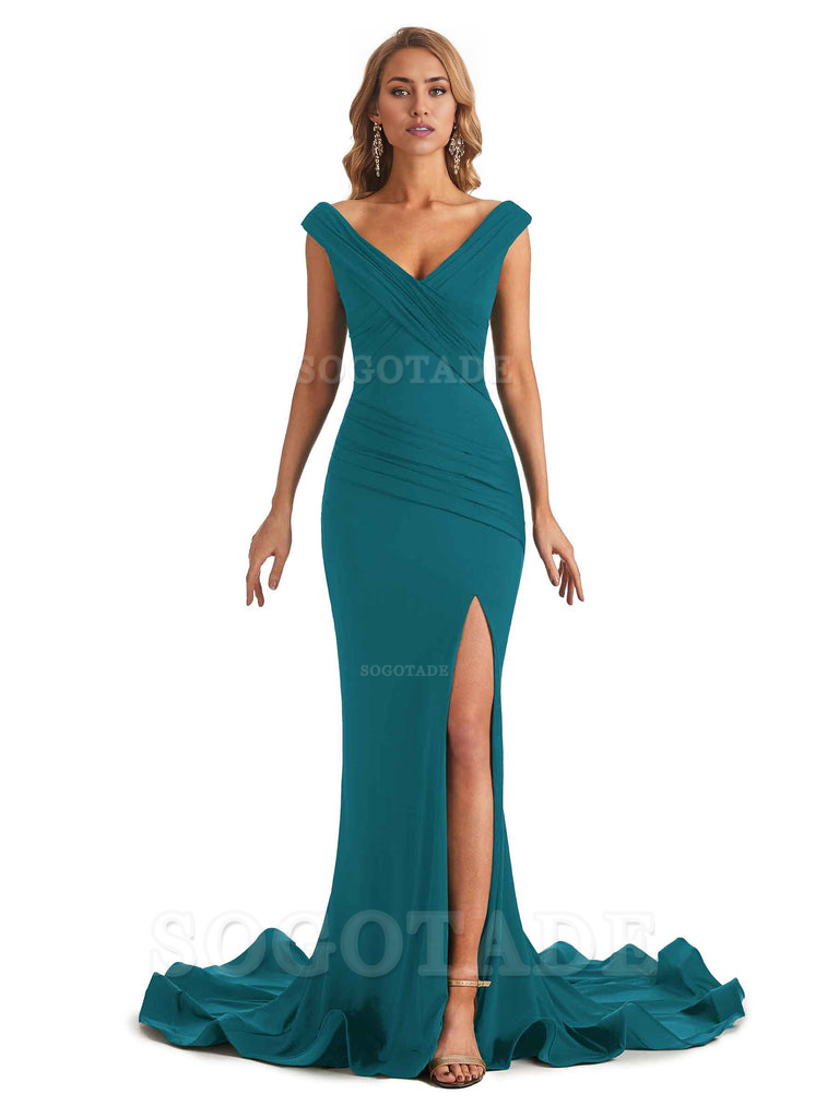 Sexy Mermaid V-Neck Off The Shoulder Side Fork Long Fashion Bridesmaid Dresses Formal Women's Dresses Wedding Guests Dresses