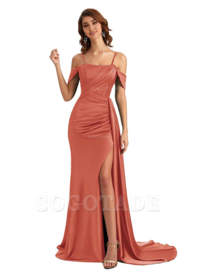 Sexy Side Slit Cold Shoulder Mermaid Satin Chic Long Wedding Guest Dresses