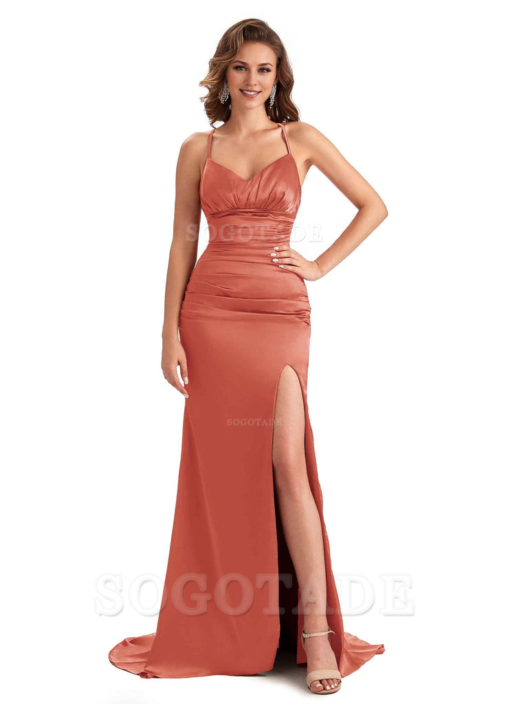 Sexy Mermaid Silky Satin Side Slit One Shoulder Unique Long Wedding Guest Dresses