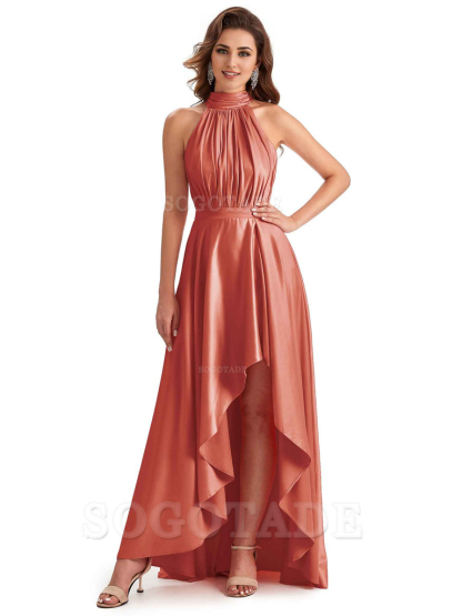 Soft Satin High Neck High Low A-Line Unique Bridesmaid Dresses Online