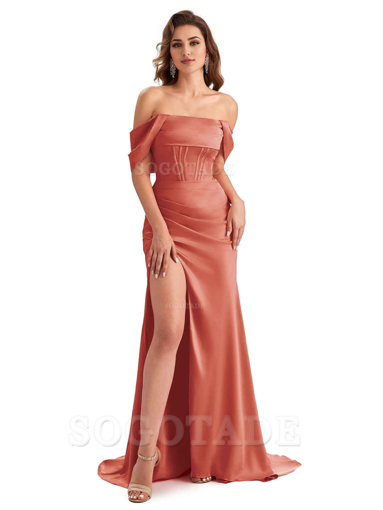 Sexy Side Slit Mermaid Soft Satin Off The Shoulder Unique Long Wedding Attendee Dresses