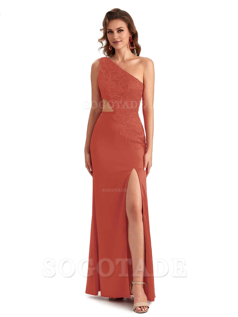 Sexy Side Slit Mermaid Lace Silky Satin One Shoulder Chic Long Bridesmaid Dresses