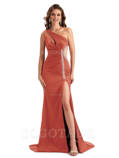 Sexy Side Slit Mermaid Soft Satin One Shoulder Lace Long Bridesmaid Dresses