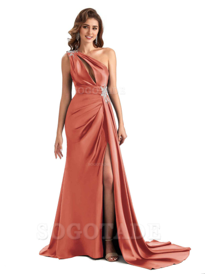 Sexy Side Slit Mermaid Soft Satin One Shoulder Lace Long Modern Bridesmaid Dresses