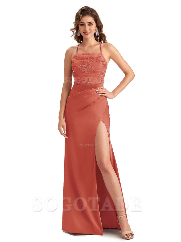 Sexy Side Slit Mermaid Lace Silky Satin Long Wedding Day Guest Dresses