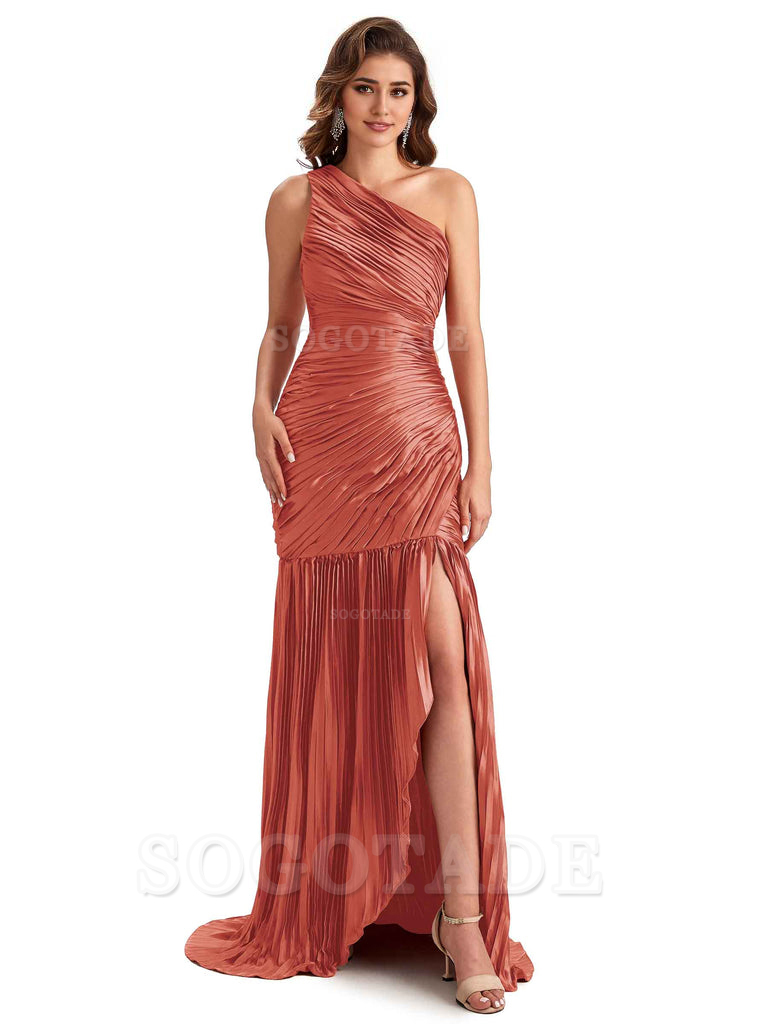 Sexy Side Slit Mermaid Soft Satin One Shoulder Long Ladies Bridesmaid Dresses Online