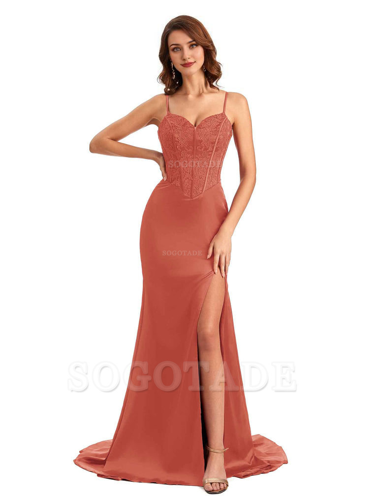 Sexy Side Slit Mermaid Silky Satin V-Neck Lace Unique Long Bridesmaid Dresses
