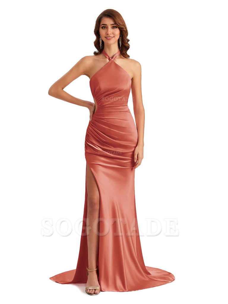 Sexy Halter Mermaid Silky Satin Unique Long Formal Wedding Guest Dresses