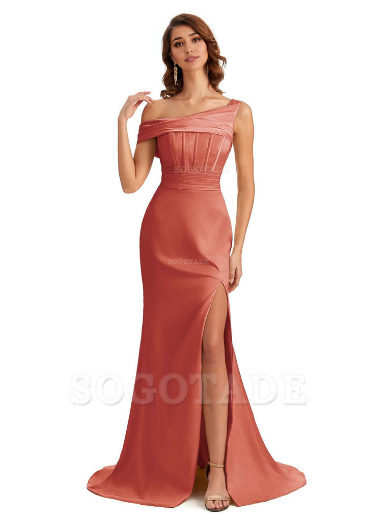 Elegant Asymmetrical Neck Soft Satin Side Slit Long Mermaid Bridesmaid Dresses