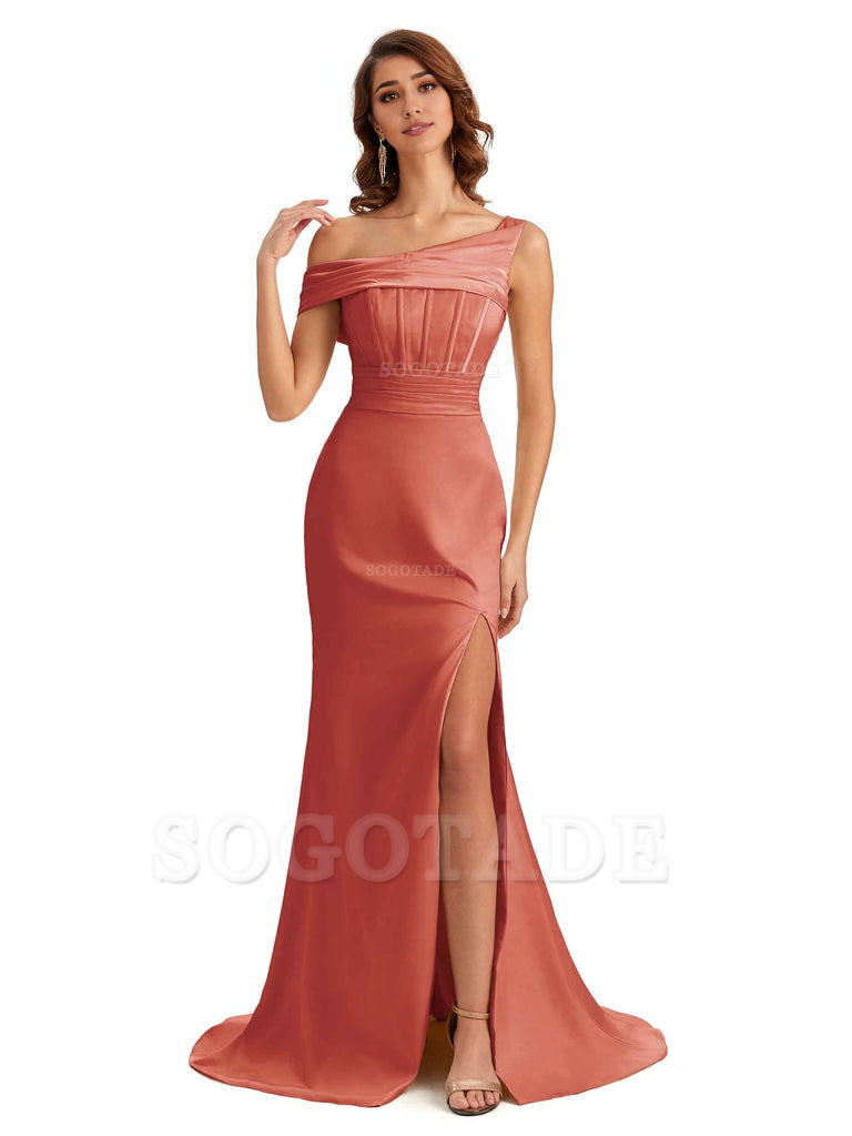 Elegant Asymmetrical Neck Soft Satin Side Slit Long Mermaid Bridesmaid Dresses