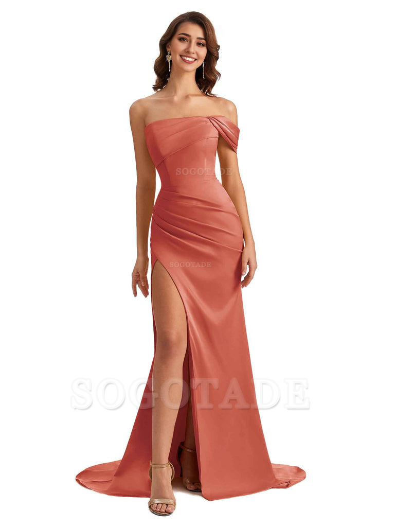 Unique One Shoulder Side Slit Satin Long Formal Dresses For Bridesmaid Dresses