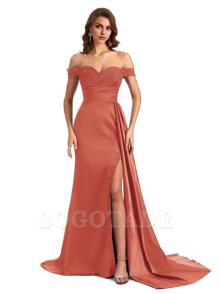 Sexy Off The Shoulder Mermaid Side Slit Silky Satin Long Bridesmaid Dress For Wedding