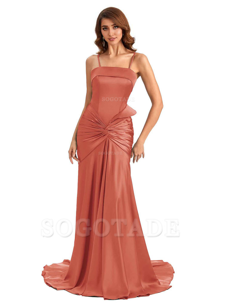 Sexy Mermaid Spaghetti Straps Silky Satin Unique Long Bridesmaid Dress For Wedding