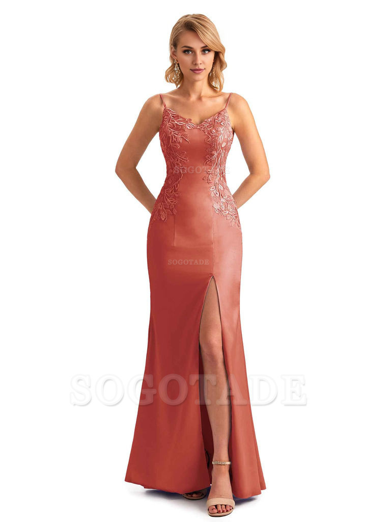 Sexy Side Split Mermaid Spaghetti Straps Soft Satin Unique Lace Long Bridesmaid Dresses