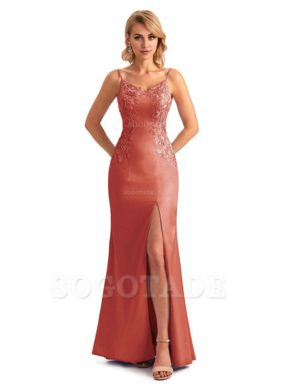 Sexy Side Split Mermaid Spaghetti Straps Soft Satin Unique Lace Long Bridesmaid Dresses