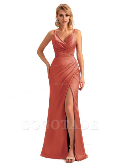 Sexy Side Slit V-Neck Mermaid Silky Satin Unique Long Formal Ladies Bridesmaid Dresses