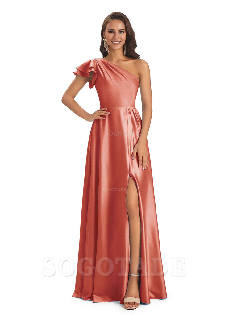 A-Line One Shoulder Ladies Long Bridesmaid Dresses Soft Satin Side Slit Elegant Evening Party Dress