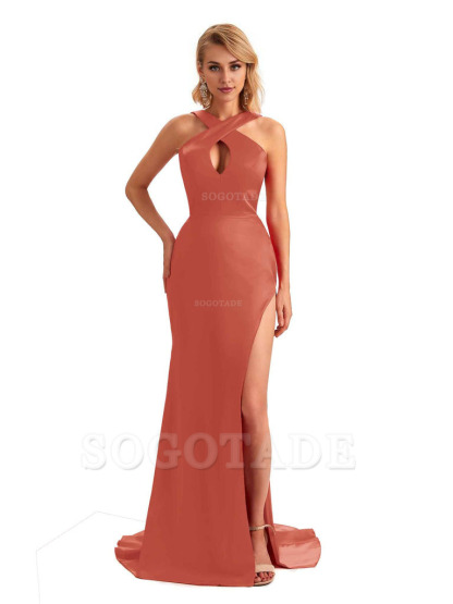 Sexy Side Slit Halter Mermaid Silky Satin Unique Long Formal Wedding Bridesmaid Dresses