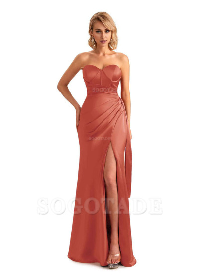 Sexy Side Slit Strapless Mermaid Soft Satin Unique Long Bridesmaid Dress For Wedding