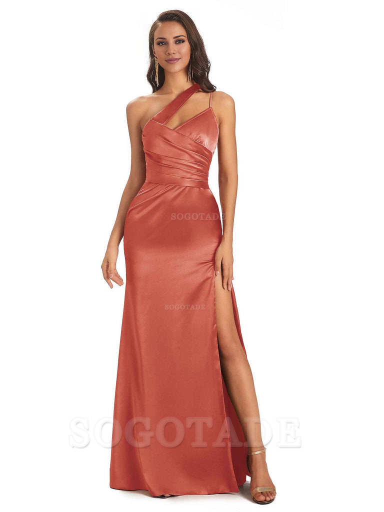 Elegant Soft Satin Side Slit One Shoulder Floor-Length Maxi Bridesmaid Dresses Evening Party Dress