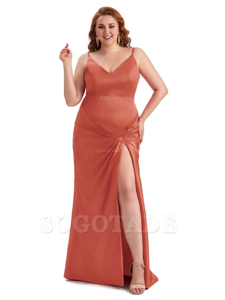 Sexy Spaghetti Straps V-neck Side Slit Mermaid Soft Satin Long Plus Size Bridesmaid Dress