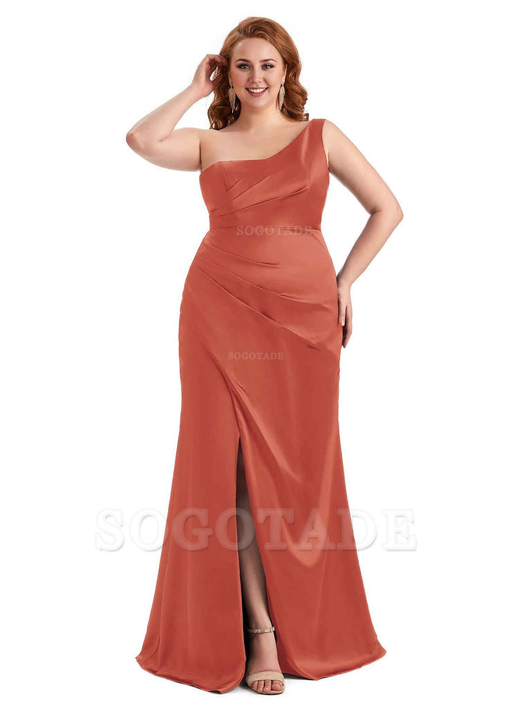 Sexy Side Slit One Shoulder Mermaid Long Plus Size Satin Maxi Dresses