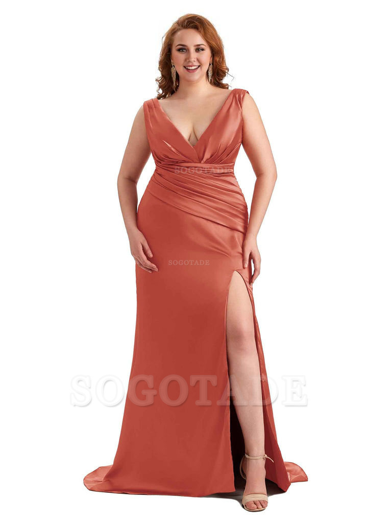 Elegant V-neck Side Slit Mermaid Soft Satin Long Plus Size Bridesmaid Dress For Wedding