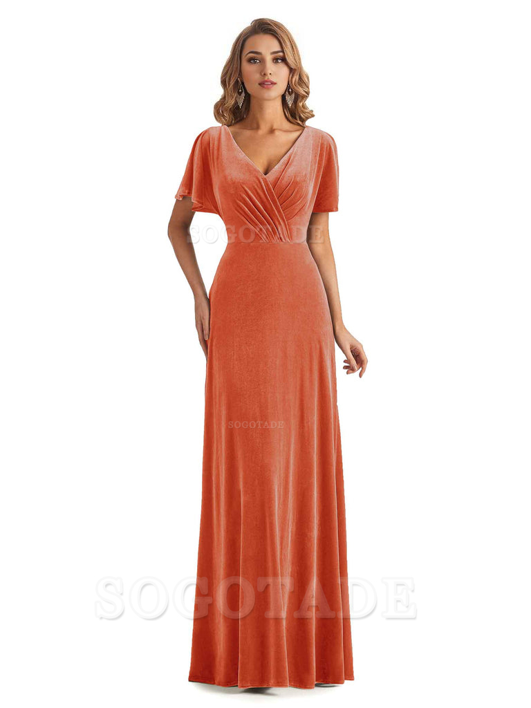 Elegant Mermaid V-neck Short Sleeves Unique Velvet Long Bridesmaid Dresses