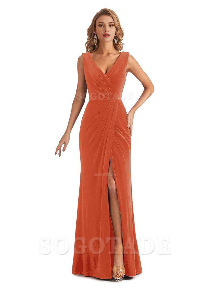 Sexy Deep V-Neck Sheath Velvet Side Slit Long Elegant Bridesmaid Dresses Formal Women's Dresses Wedding Guests Dresses
