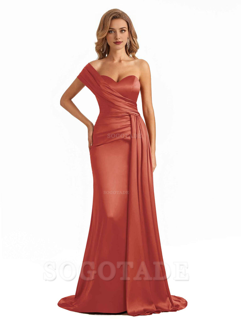 Elegant One Shoulder Soft Satin Long Mermaid Bridesmaid Dresses Online prom shop dresses ﻿