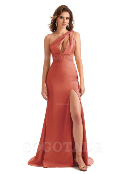 Charming Sexy Unique Side Slit Mermaid Silky One Shoulder Long Bridesmaid Dresses Formal Women's Dresses Wedding Guests Dresses